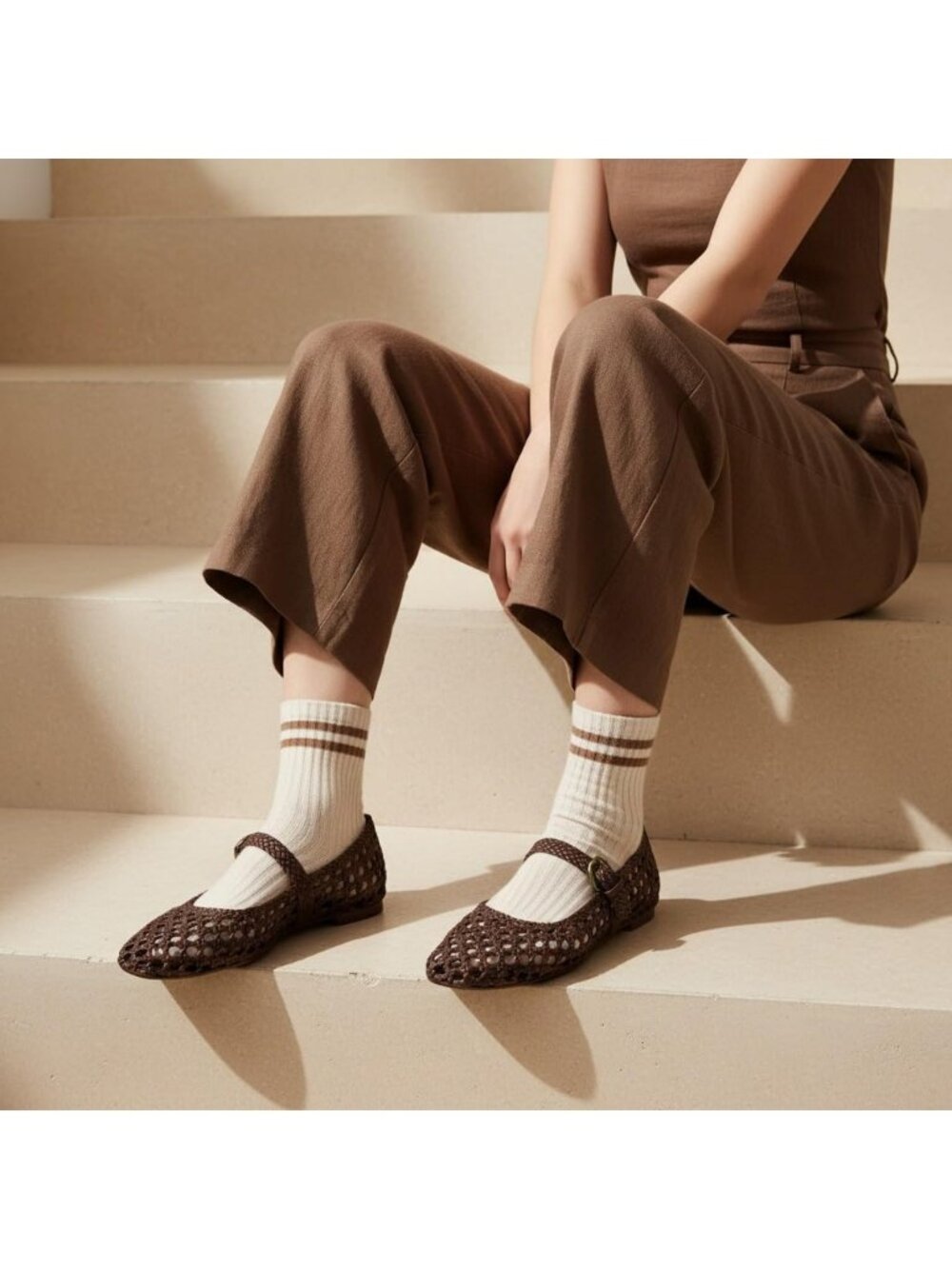 Women's Brown Woven Comfortable Braided Adjustable Buckle Mary Jane Ballet Flats - Picture 3 of 6